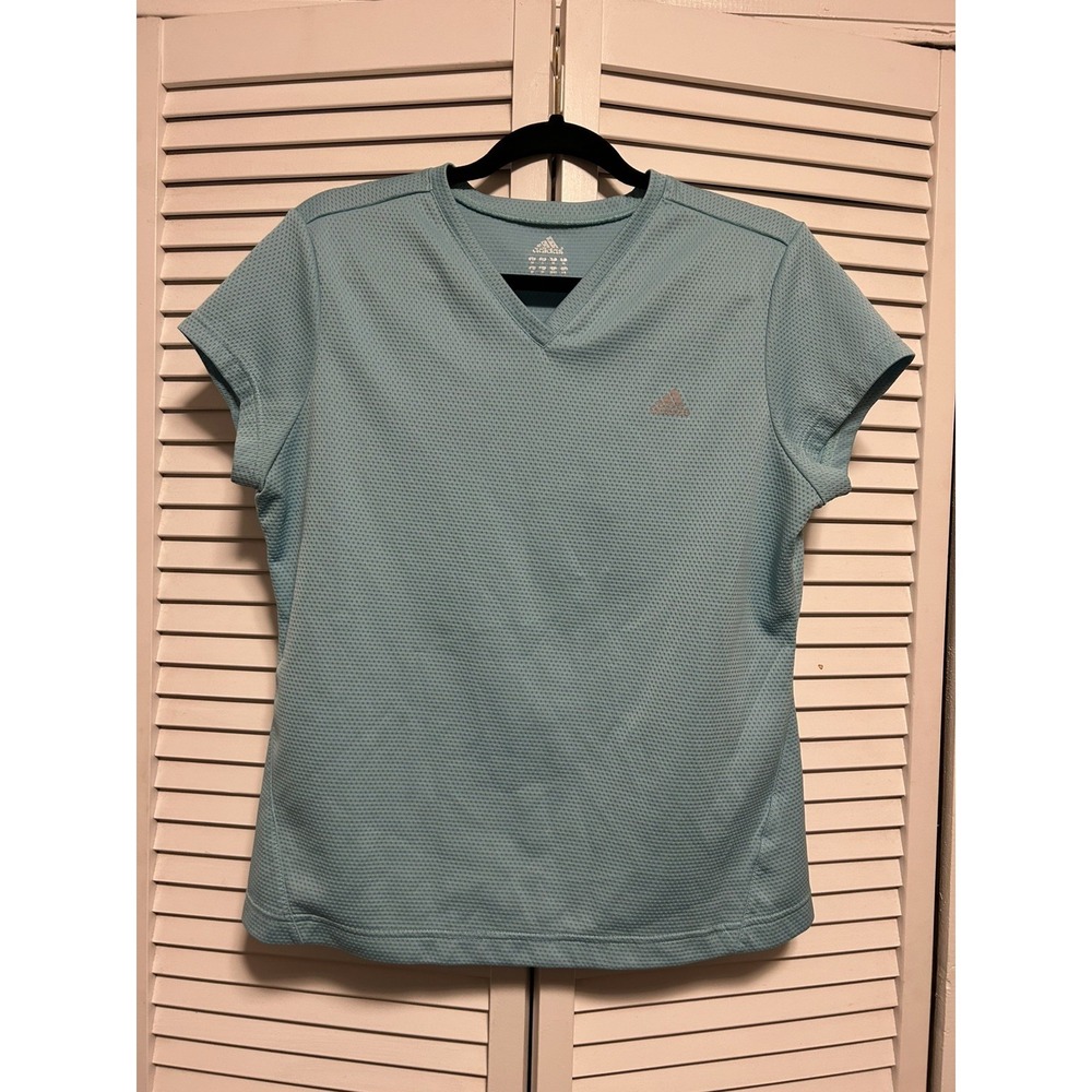 ADIDAS L Blue V-Neck Pullover Short Sleeve‎ Stretch Top Athletic Shirt